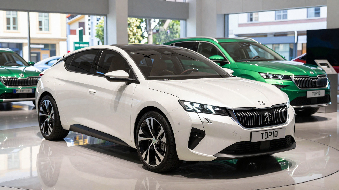 Carro branco moderno em exposição com dois carros verdes ao fundo em showroom iluminado.