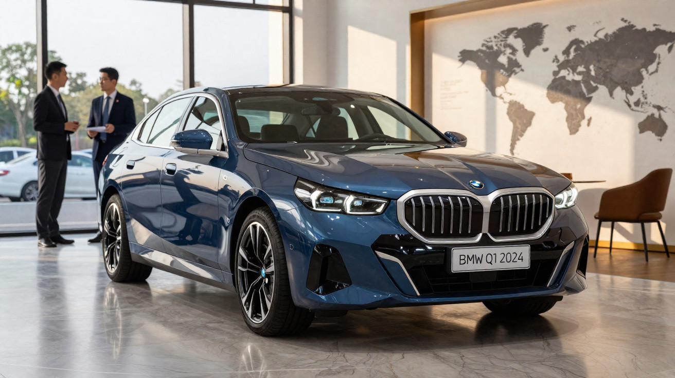 Carro BMW Q1 2024 azul em showroom com duas pessoas conversando ao fundo.