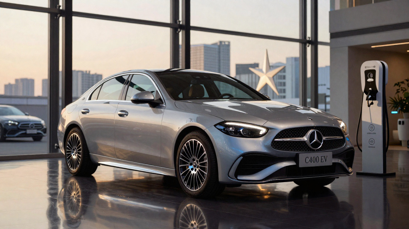 Carro elétrico Mercedes-Benz C400 EV cinza estacionado em showroom moderno ao lado de estação de recarga.