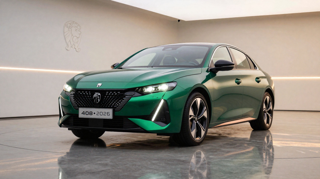 Carro sedan verde Peugeot 408 2026 estacionado em ambiente interno com piso brilhante e parede branca.
