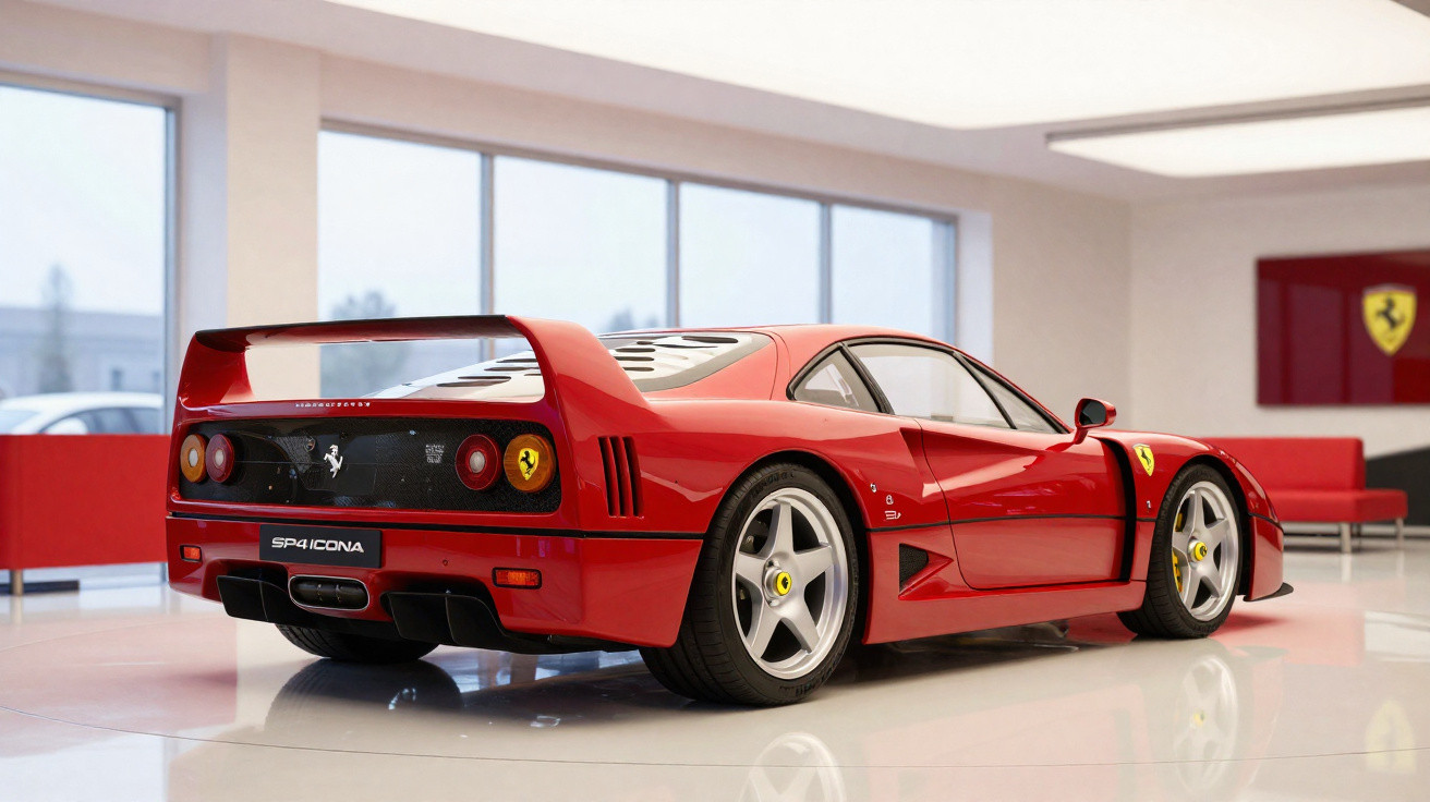 Carro esportivo Ferrari F40 vermelho exibido em um showroom moderno e iluminado.