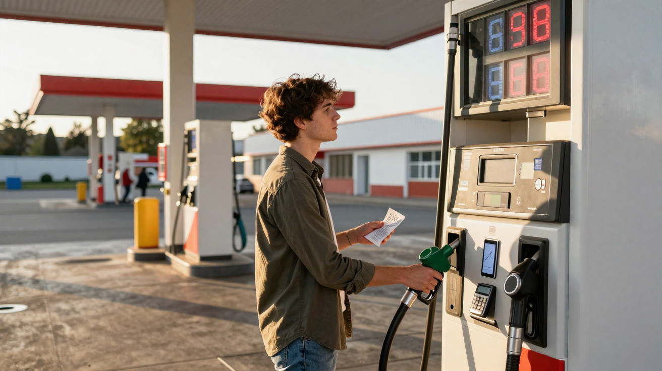 Jovem homem com camiseta verde abastecendo carro em posto de gasolina ao entardecer.