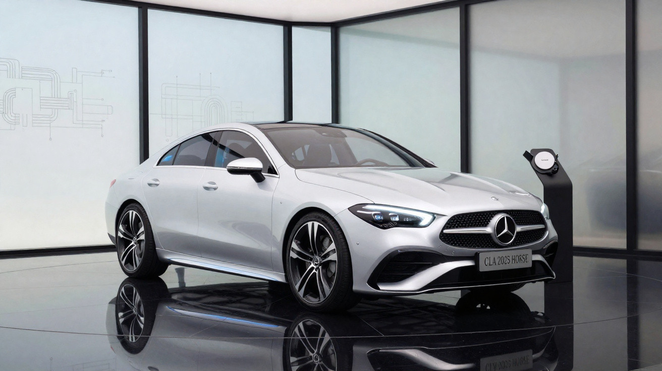 Carro elétrico Mercedes-Benz CLA 2023 prata exibido em showroom moderno com carregador ao lado.