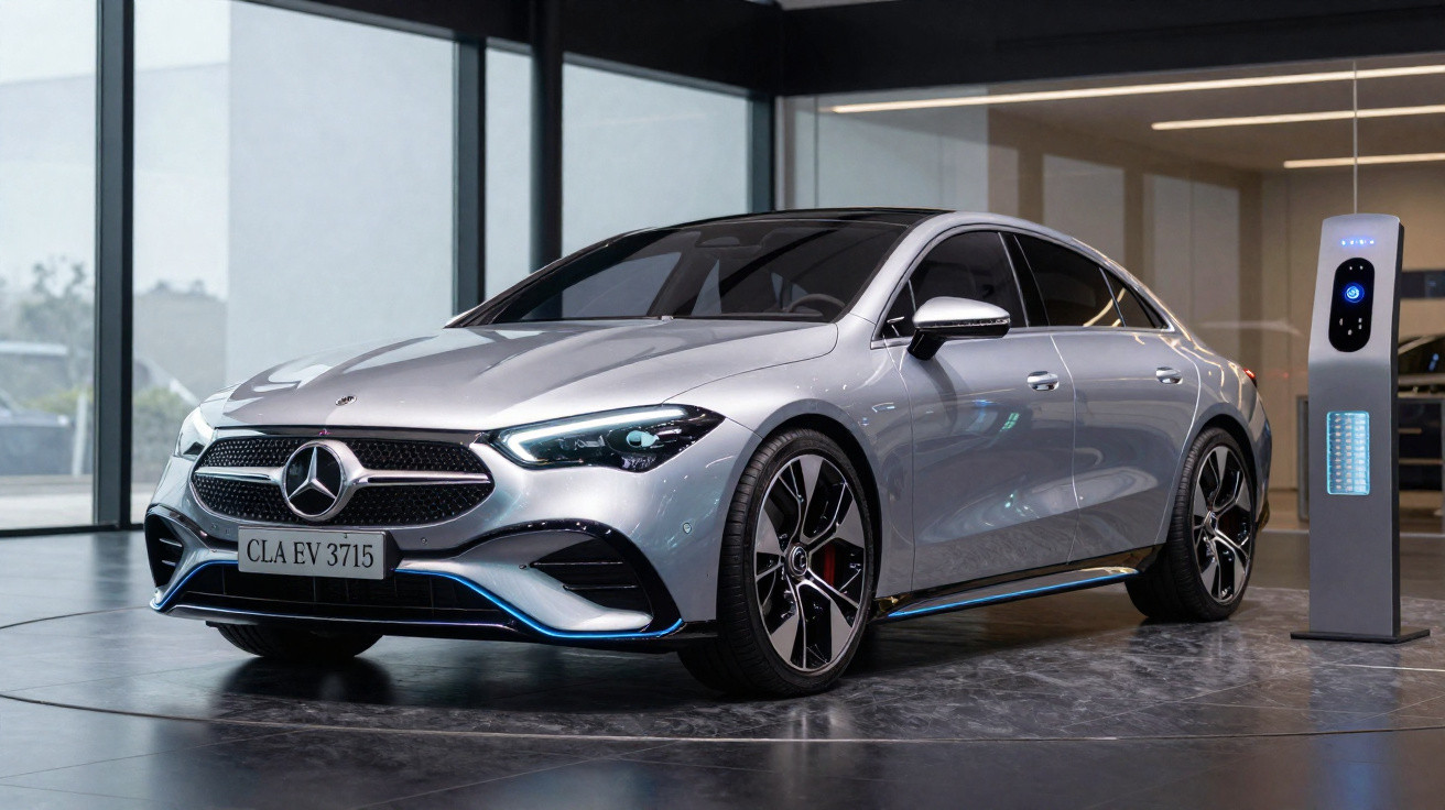 Carro elétrico Mercedes-Benz prata estacionado ao lado de um carregador em ambiente interno moderno.