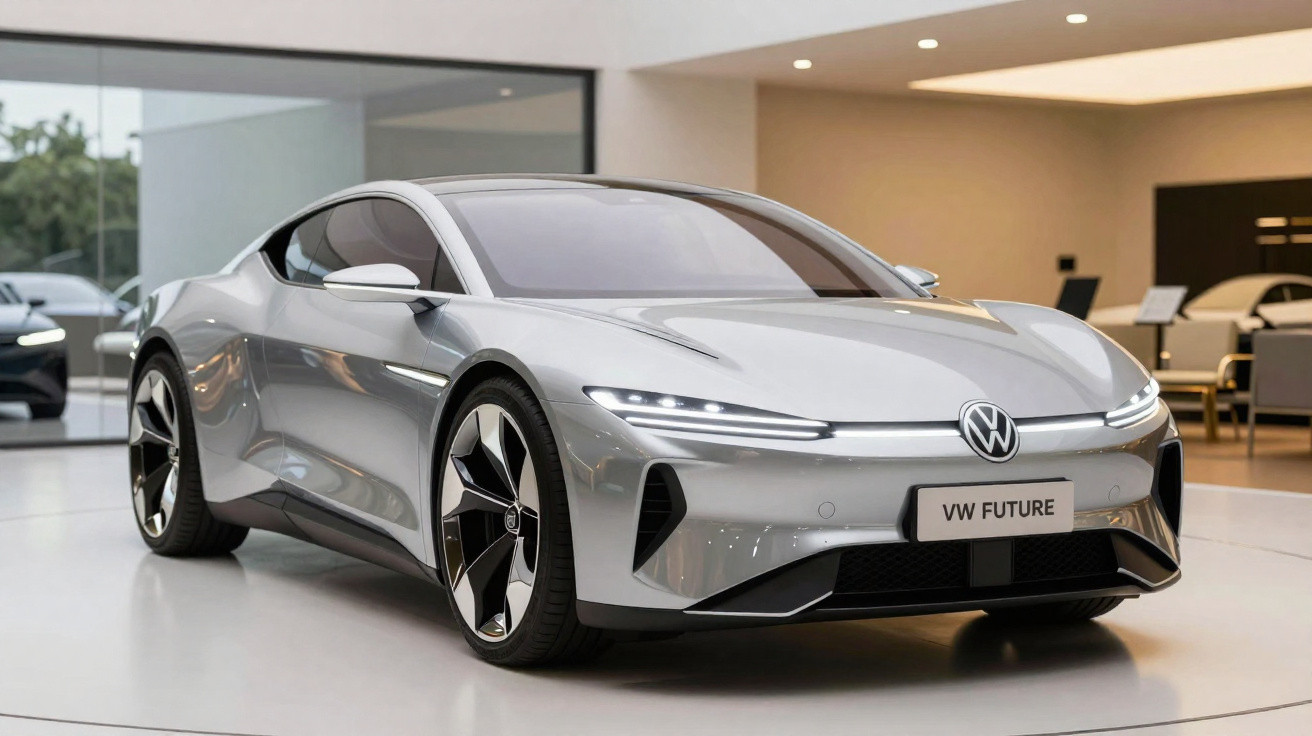 Carro esportivo elétrico prata VW Future exibido em showroom moderno e iluminado.