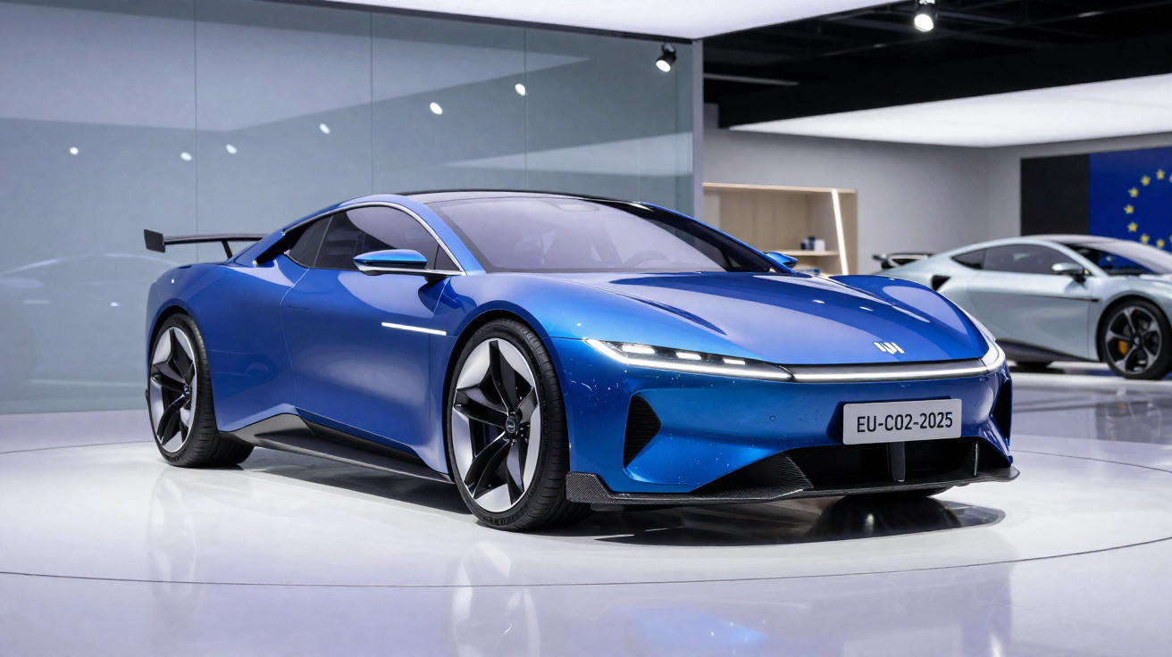 Carro esportivo elétrico azul metálico em exposição, com design aerodinâmico e rodas pretas.
