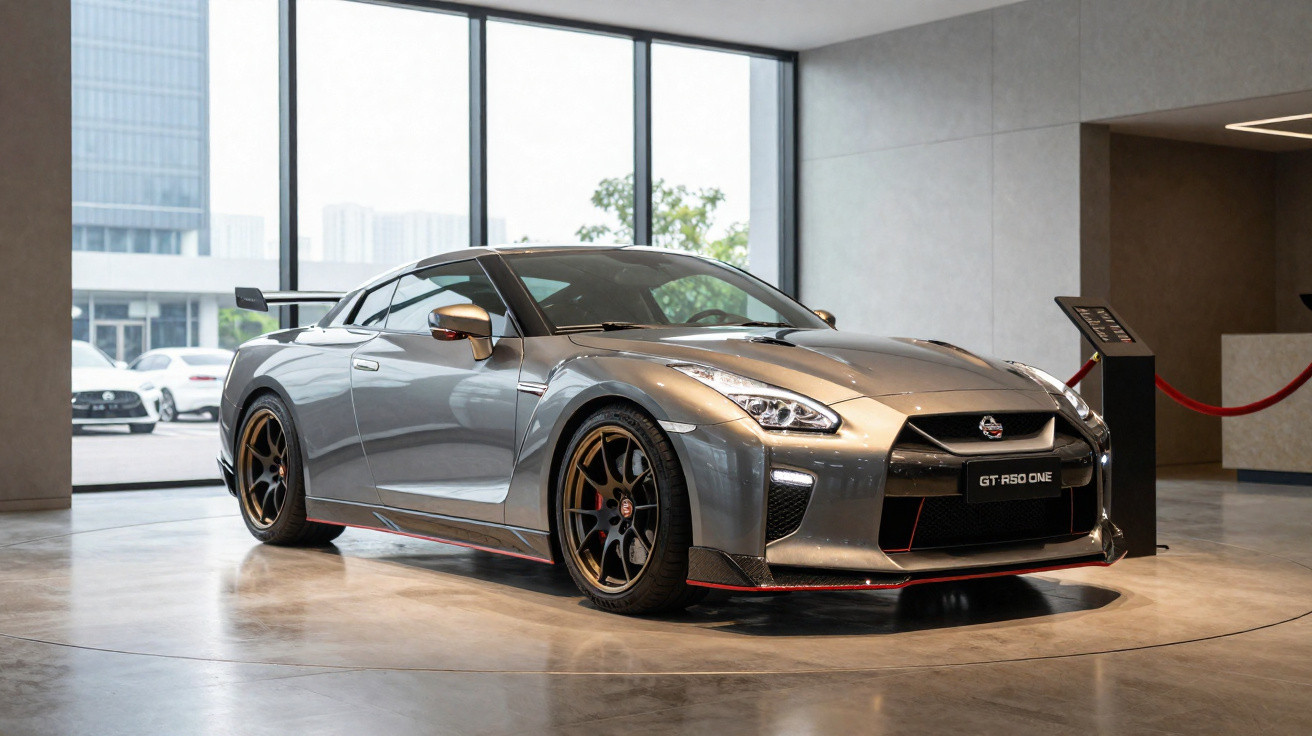 Carro esportivo Nissan GT R50 One cinza exposto em showroom moderno com piso de cimento polido.