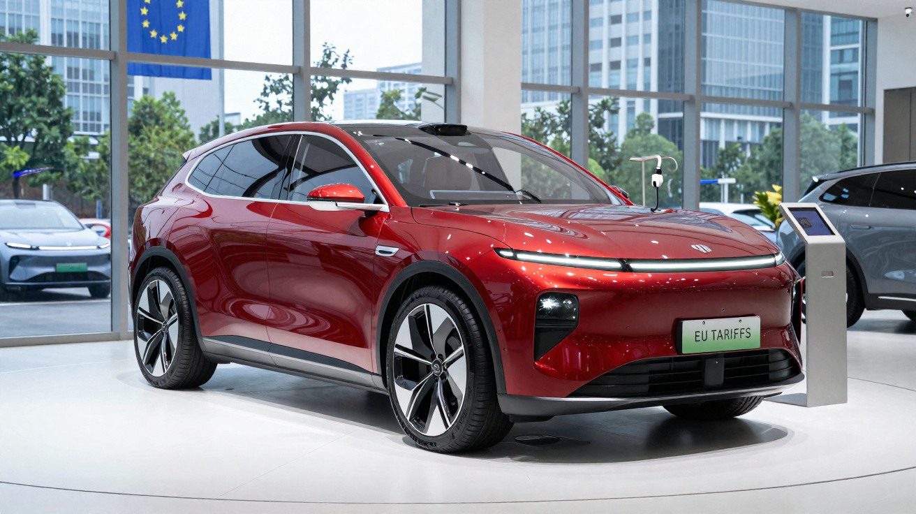 Carro elétrico vermelho moderno exibido em showroom com grande janela e bandeira da União Europeia.