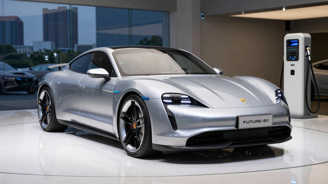 Carro esportivo elétrico prata Porsche Futuro-911 exibido em salão com estação de recarga ao fundo.