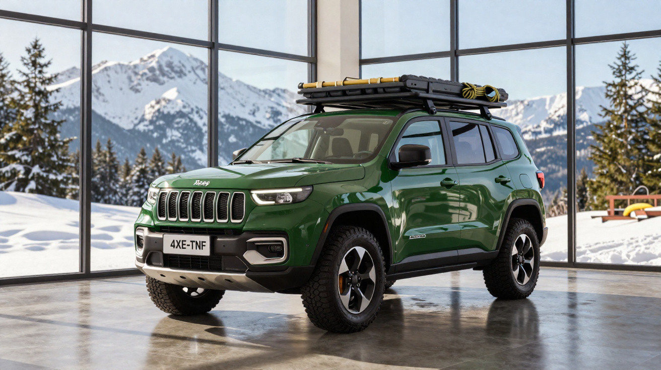 SUV Jeep verde em ambiente interno com vista para montanhas nevadas ao fundo.