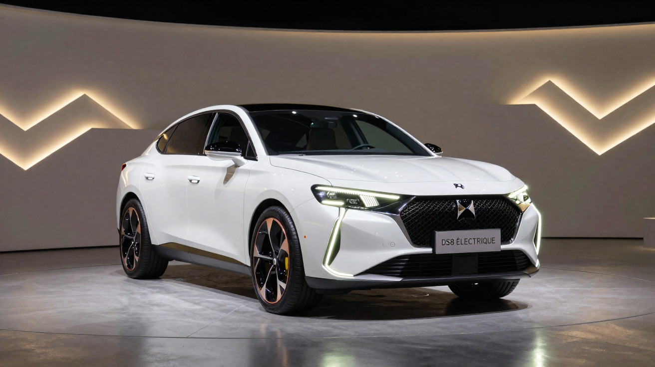 Carro elétrico branco DS8 Électrique estacionado em ambiente interno com luzes de LED no fundo.
