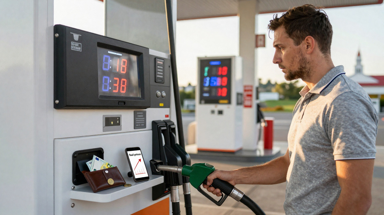 Homem em posto de gasolina segurando bomba de combustível enquanto olha para o visor do preço.