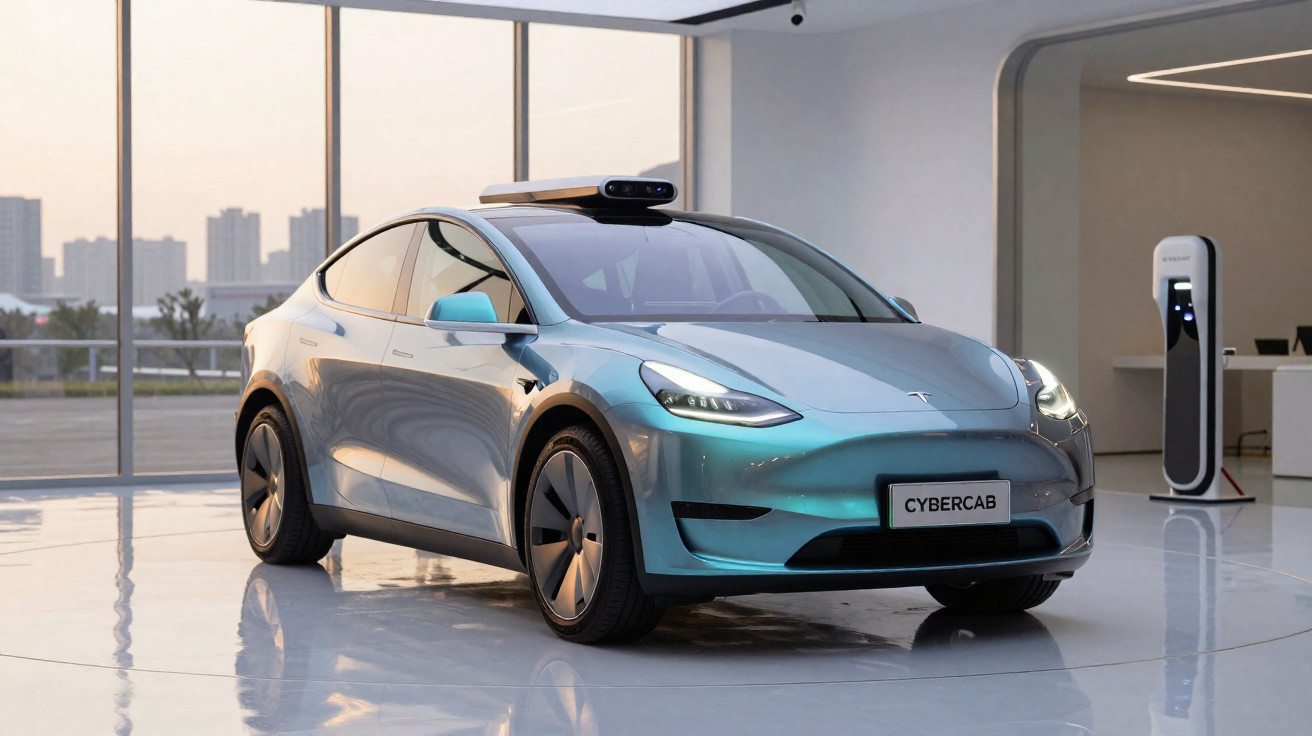 Carro elétrico autônomo azul mostrado em ambiente interno com estação de recarga ao fundo.