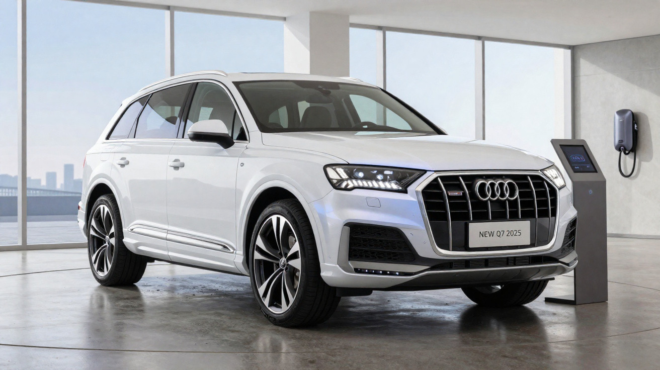 Audi Q7 2025 branco estacionado próximo a estação de carregamento em garagem moderna e iluminada.