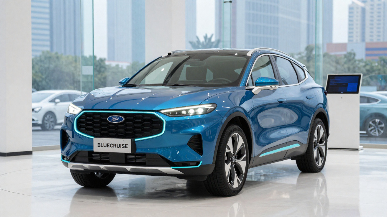 Carro SUV elétrico azul da Ford modelo BlueCruise exibido em showroom moderno.