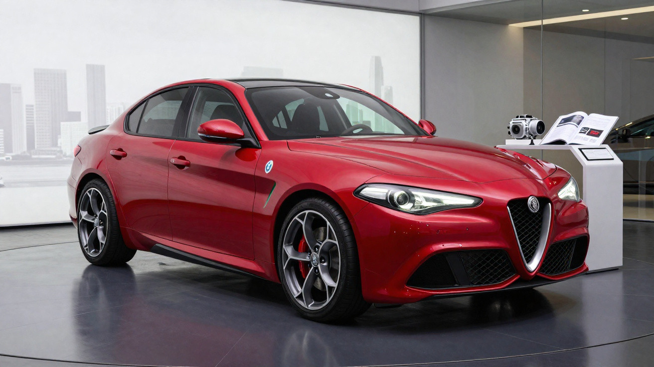 Carro esportivo Alfa Romeo Giulia vermelho exposto em ambiente interno moderno com pedestal ao lado.