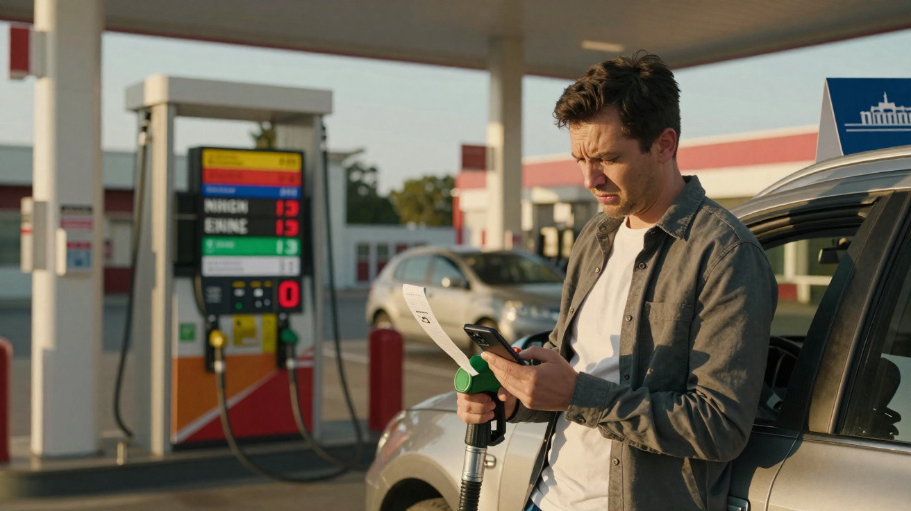 Homem em posto de gasolina olhando preocupado para celular e recibo, com carro ao fundo.