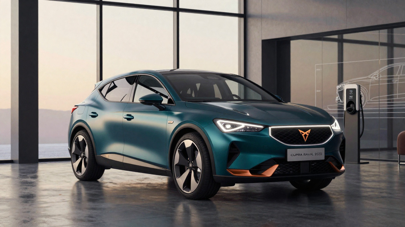 Cupra Raval 2023 verde em sala moderna, junto a carregador elétrico conectado na parede.
