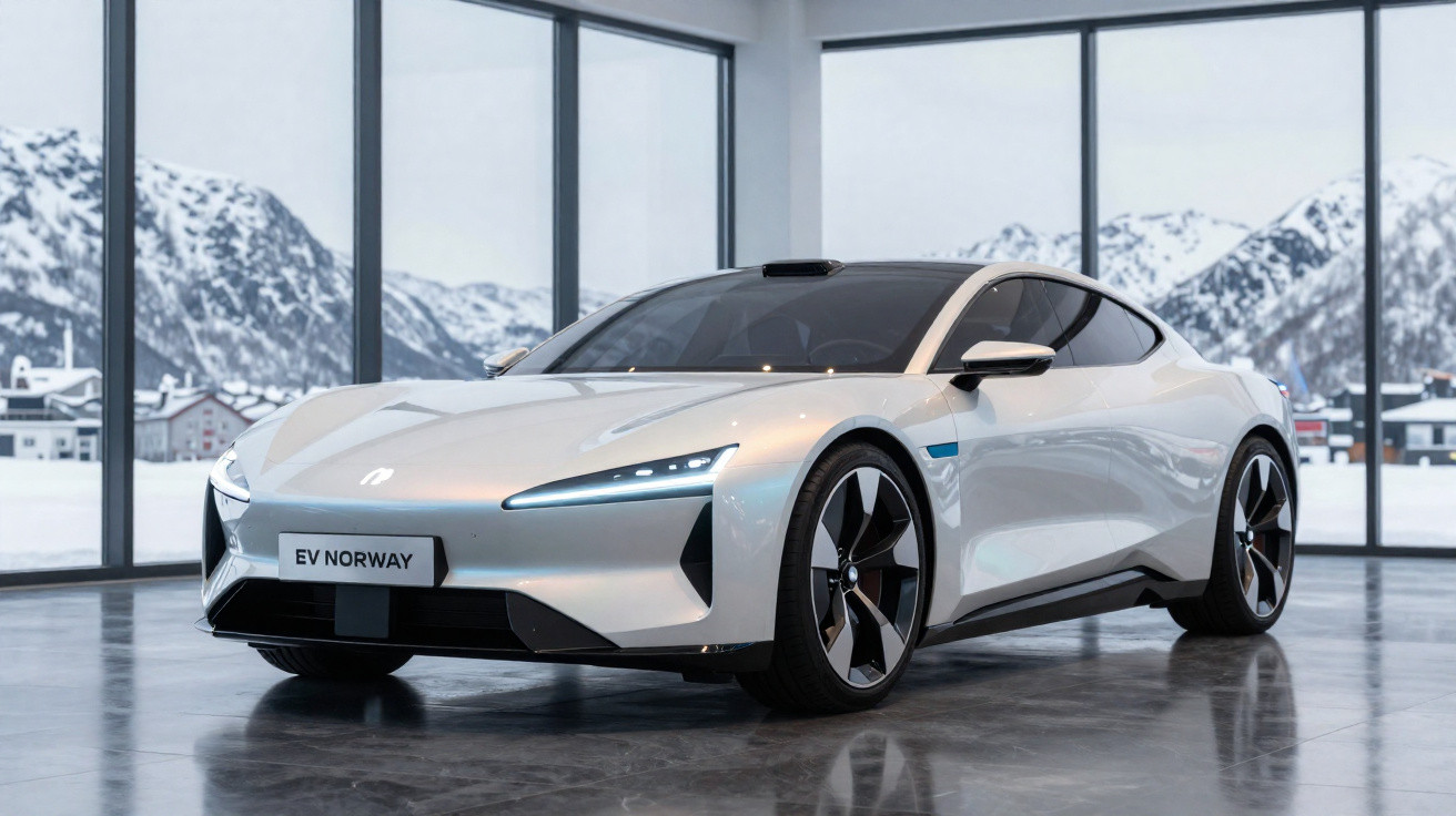 Carro elétrico esportivo prateado em exposição interna com janelas e montanhas nevadas ao fundo.