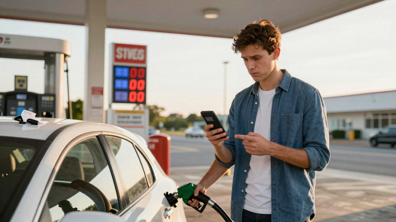 Homem jovem abastecendo carro e olhando celular em posto de combustível ao entardecer.