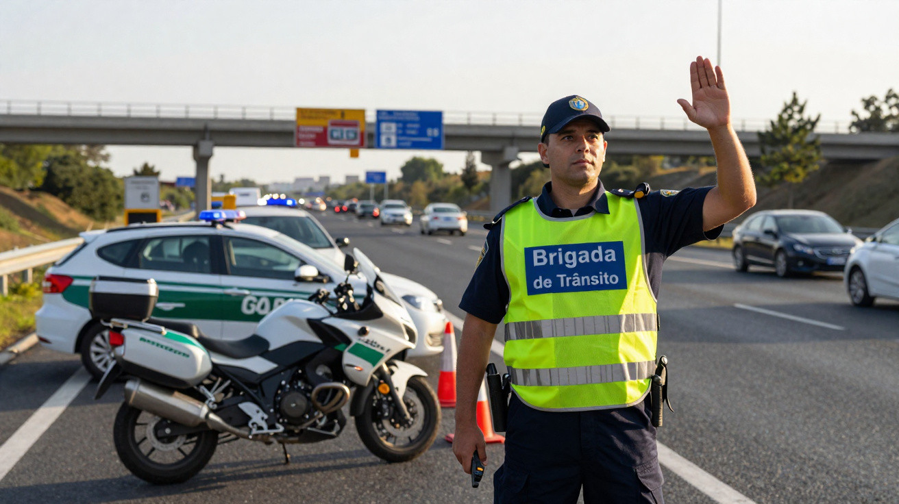 Policial da Brigada de Trânsito sinaliza parada em rodovia com motos e carros ao fundo em dia ensolarado.
