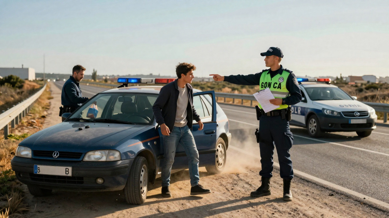 Policial de trânsito revistando motorista ao lado de carro parado na estrada em área deserta.
