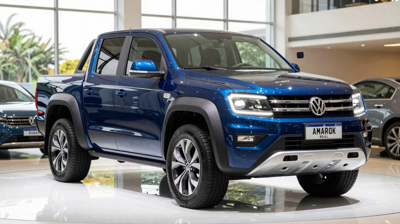 Picape Volkswagen Amarok azul exibida em showroom moderno com luz natural.