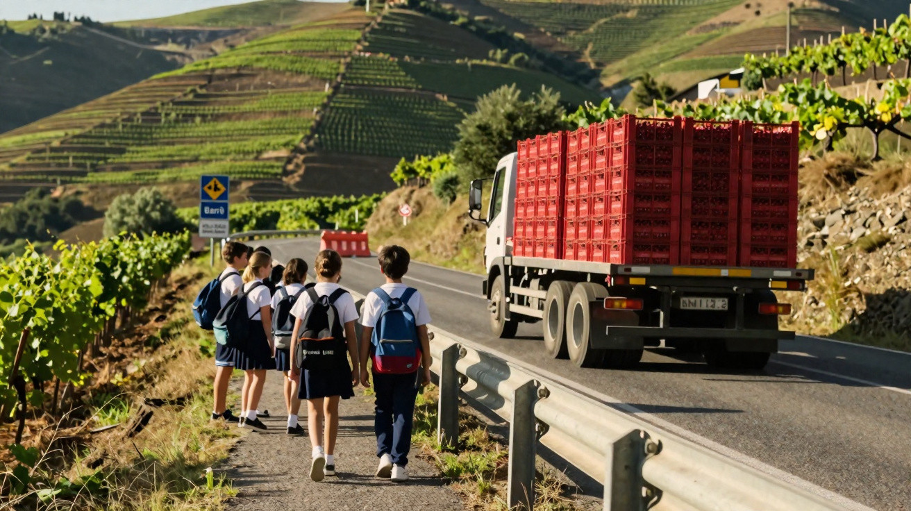 Crianças com mochilas caminham por estrada perto de caminhão em área rural com plantações de vinhedos.