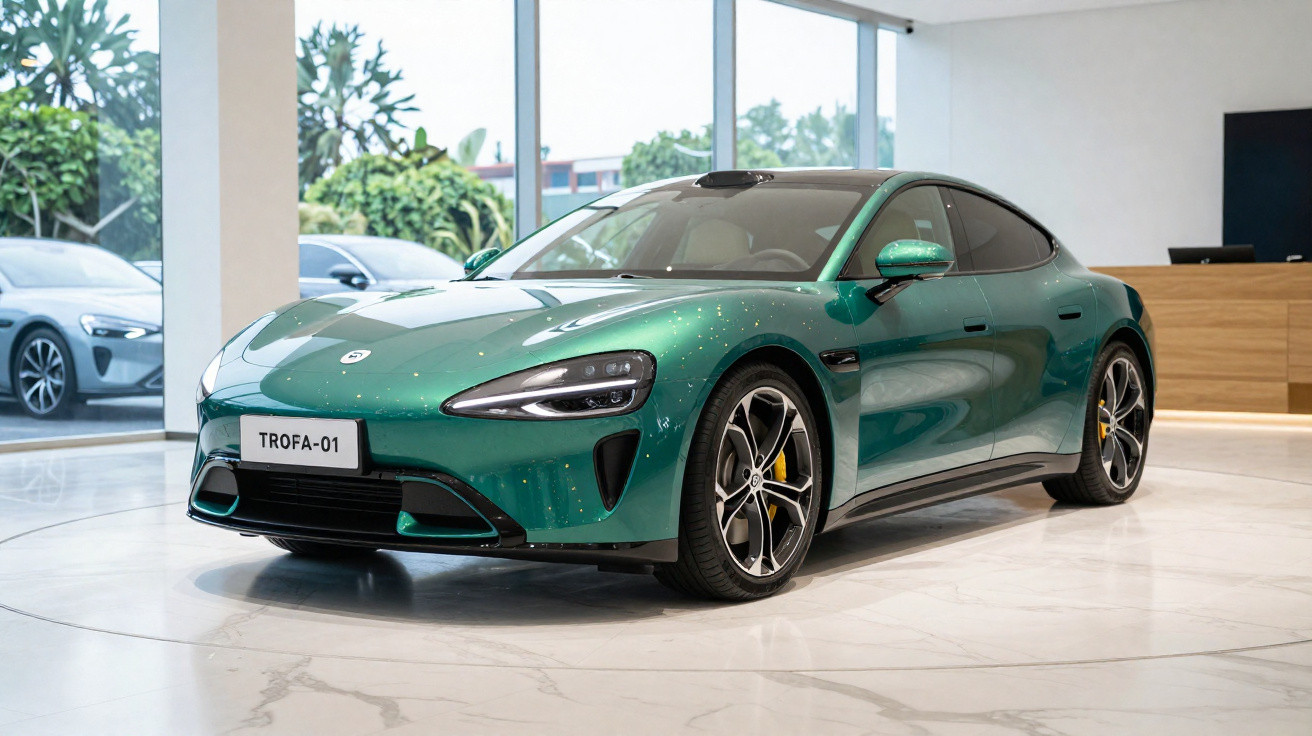 Carro esportivo elétrico verde em exposição interna com ambiente moderno e iluminação natural.