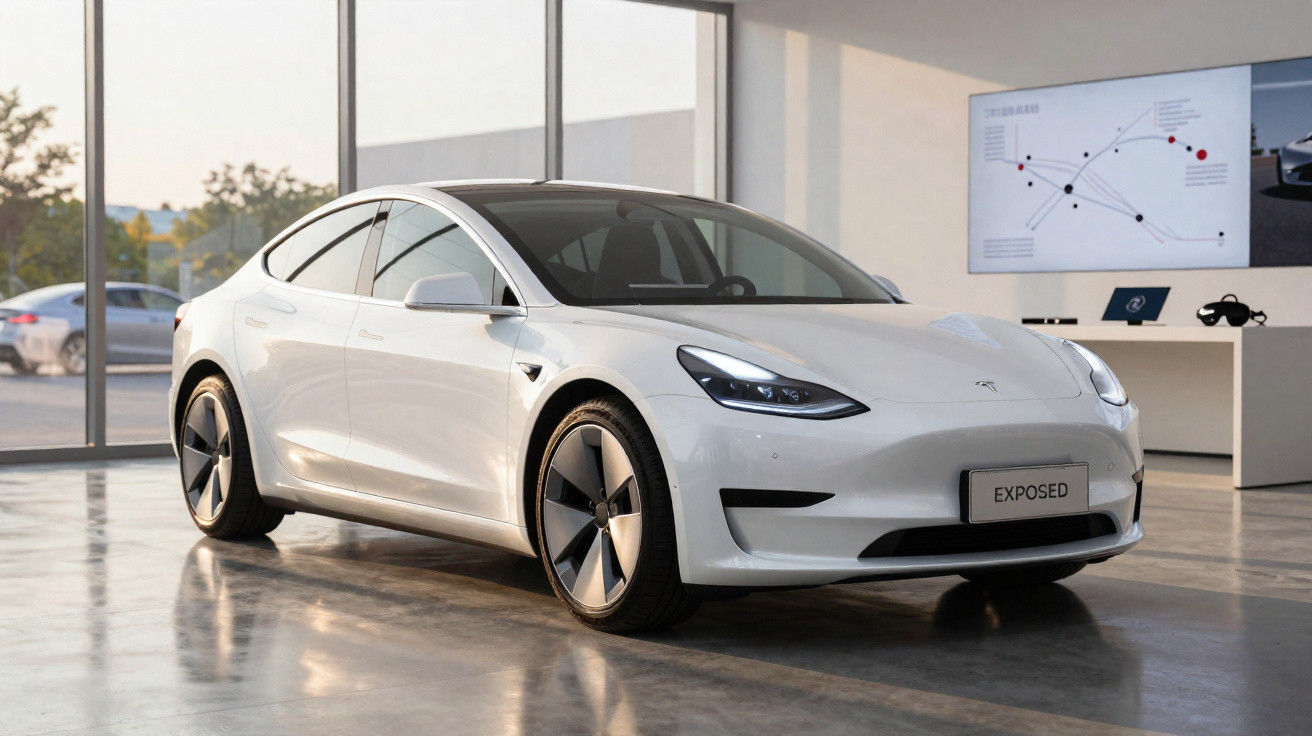 Carro elétrico branco Tesla Model 3 estacionado em showroom com iluminação natural e ambiente moderno.