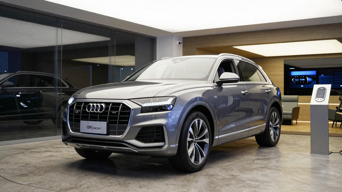 Audi Q9 Concept cinza em exposição interna, com design moderno e rodas grandes.