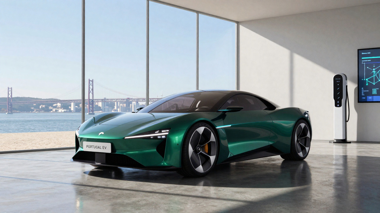 Carro elétrico verde metálico estacionado em garagem moderna com vista para ponte e mar ao fundo.