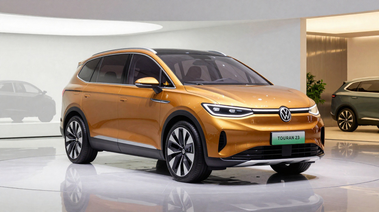 Carro elétrico Volkswagen Touran 2023 dourado exibido em salão de automóveis moderno.