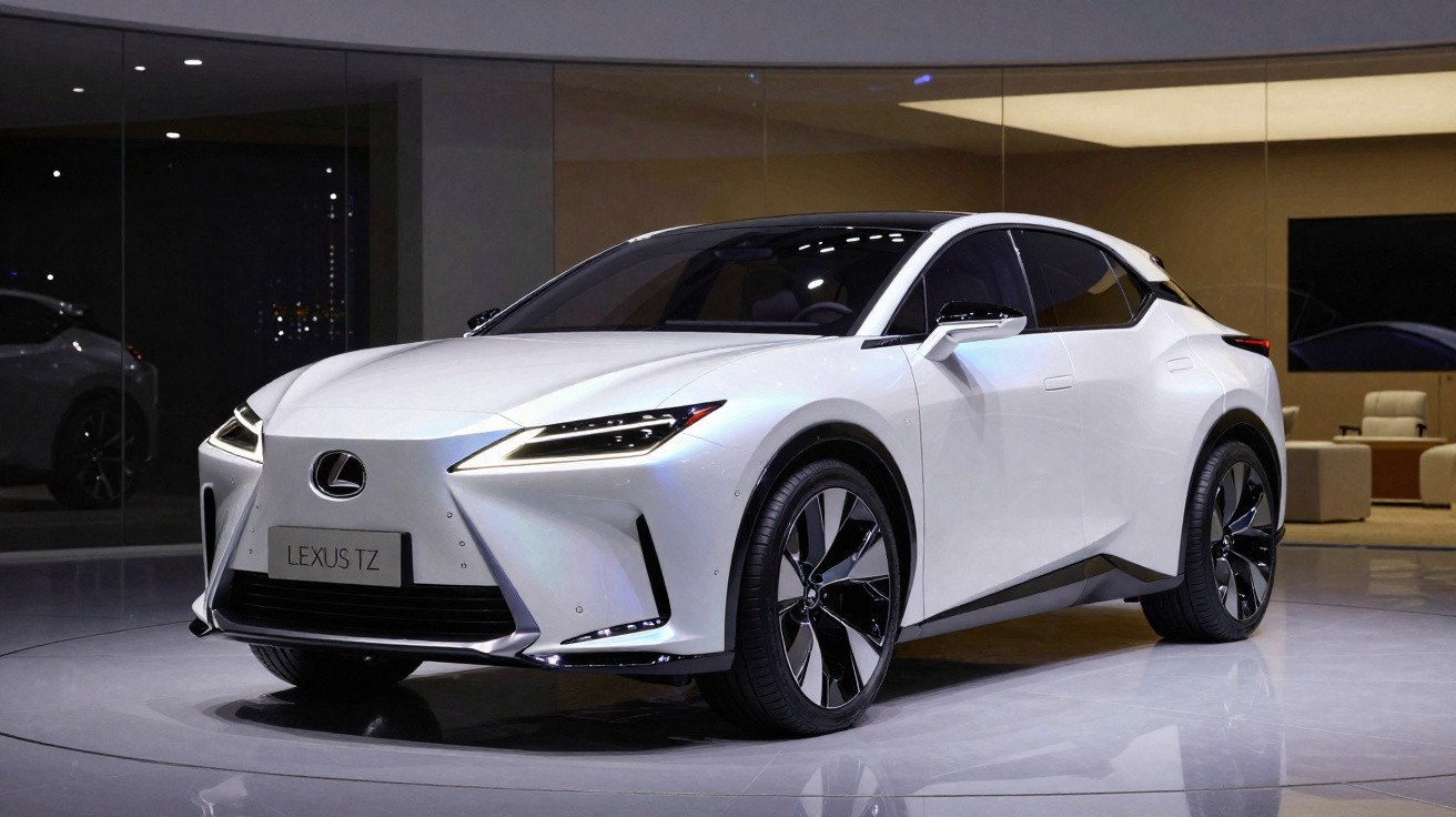 Carro elétrico branco Lexus TZ em exposição, com design moderno e elegante em ambiente interno.