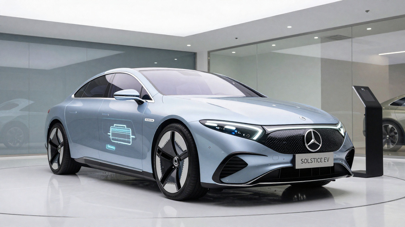 Carro elétrico Mercedes-Benz Solstice EV cinza em exposição futurista com iluminação branca.