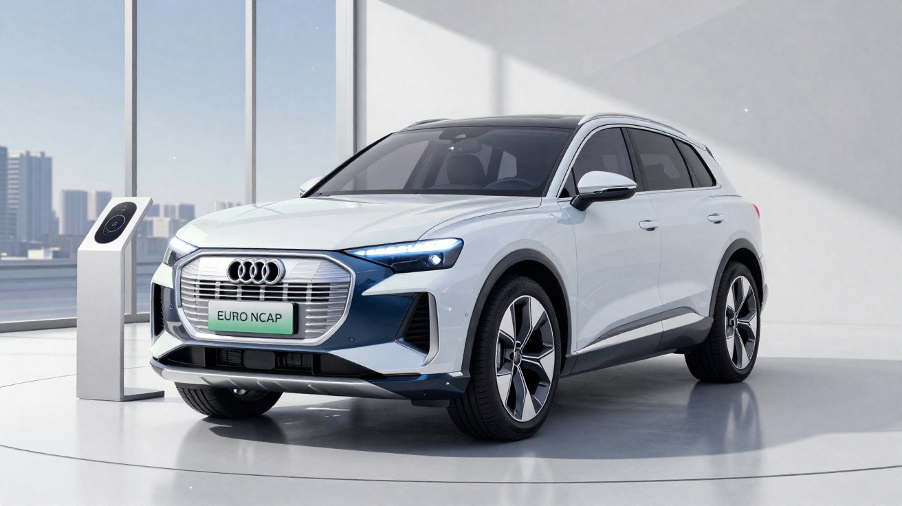 Carro elétrico Audi branco estacionado em ambiente moderno com carregador ao lado.