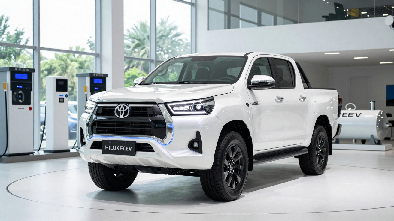 Picape branca Toyota Hilux FCEV exposta em showroom moderno com equipamentos de abastecimento.