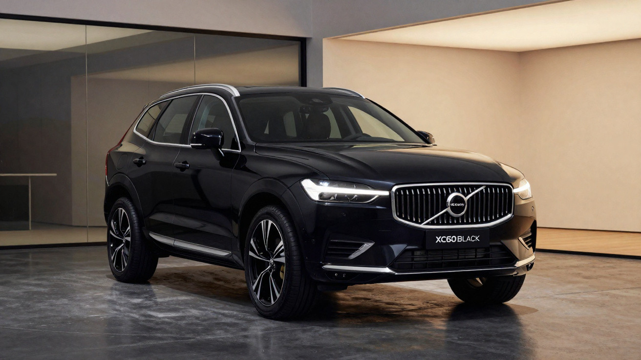 SUV preto Volvo XC60 Black em ambiente interno com iluminação moderna e piso cinza.