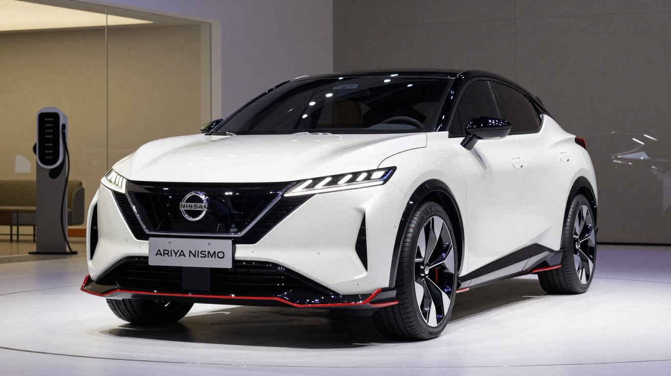Carro elétrico Nissan Ariya Nismo branco exibido em exposição, com design moderno e detalhes em preto e vermelho.