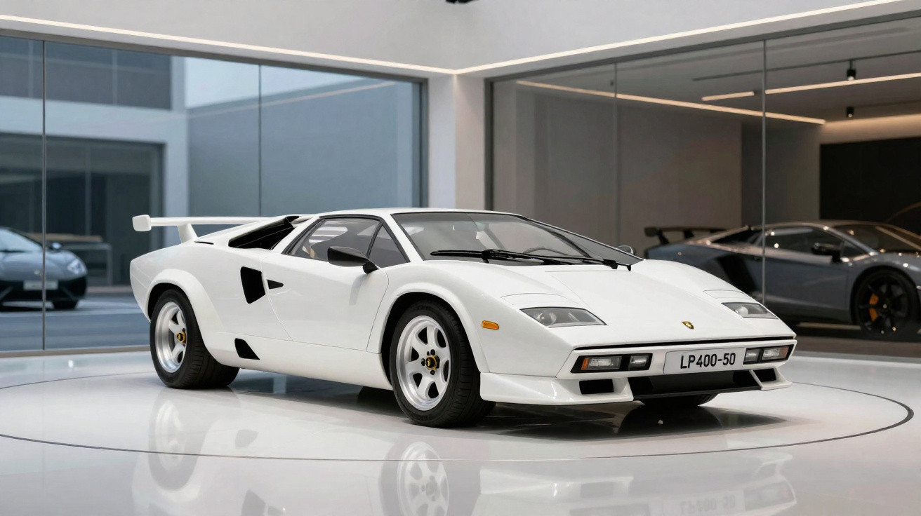 Carro esportivo branco Lamborghini Countach LP400-50 em exposição em ambiente moderno e iluminado.