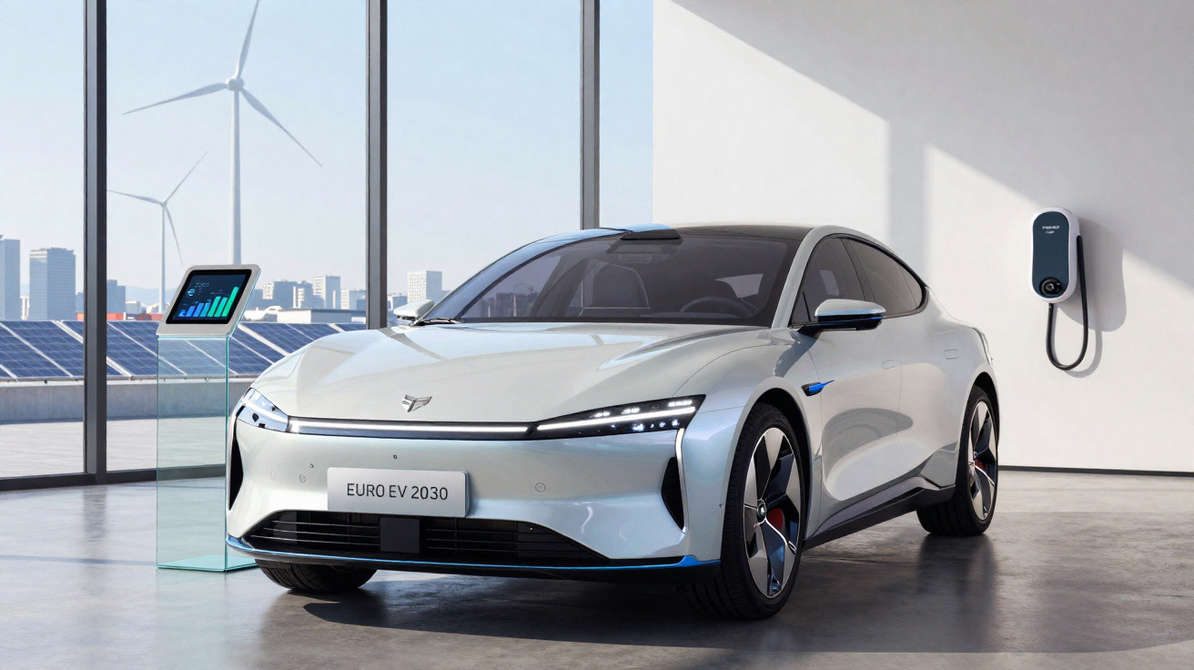 Carro elétrico branco estacionado em garagem com painel solar, turbinas e estação de recarga na parede.