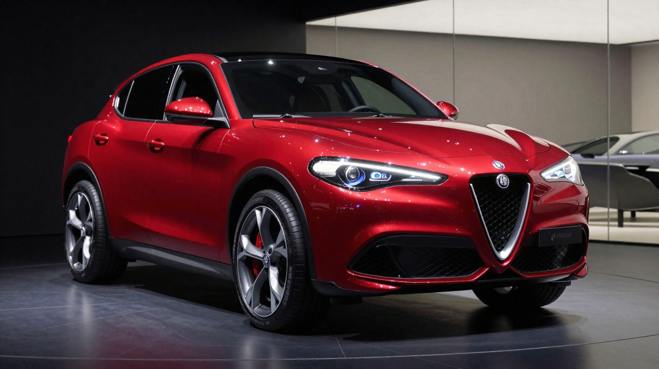 Carro SUV Alfa Romeo vermelho em exposição, com detalhes esportivos e design moderno, em ambiente interno.