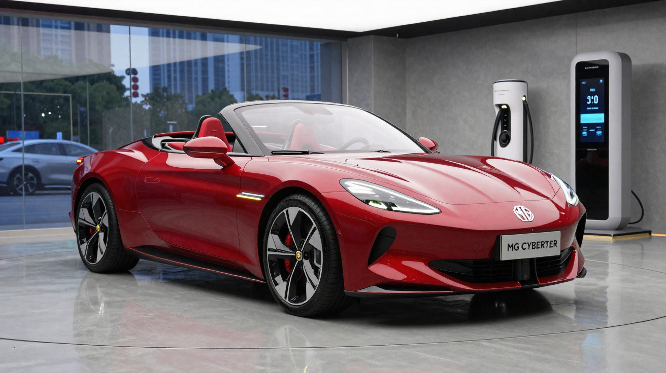 Carro esportivo conversível vermelho MG Cyberster em showroom moderno com carregador elétrico ao fundo.