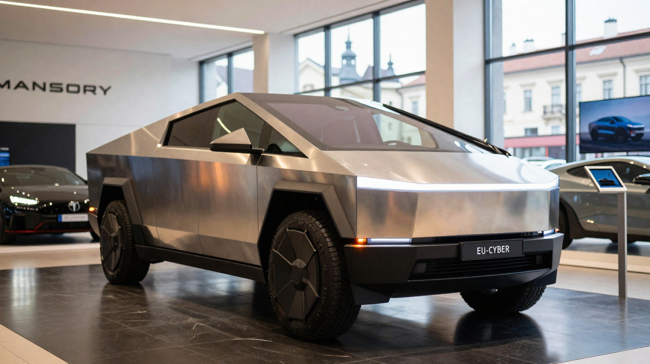 Carro elétrico Tesla Cybertruck com design angular exposto em showroom moderno com janelas grandes.