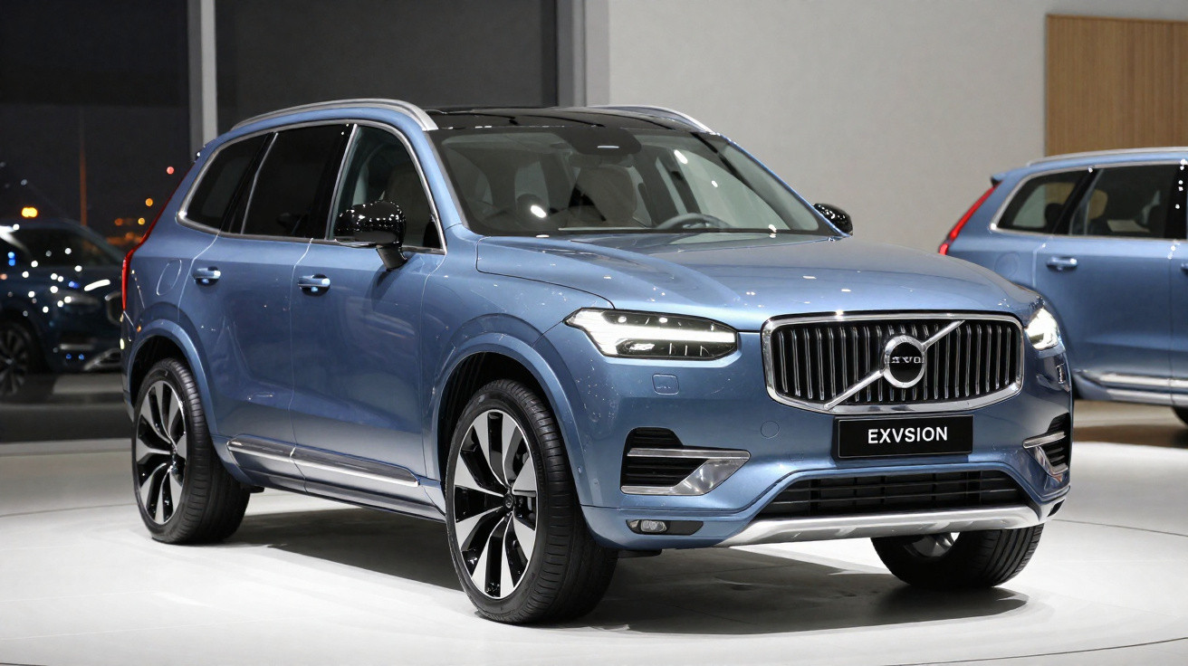 SUV Volvo XC90 azul metálico em exposição interna com foco na lateral dianteira esquerda.