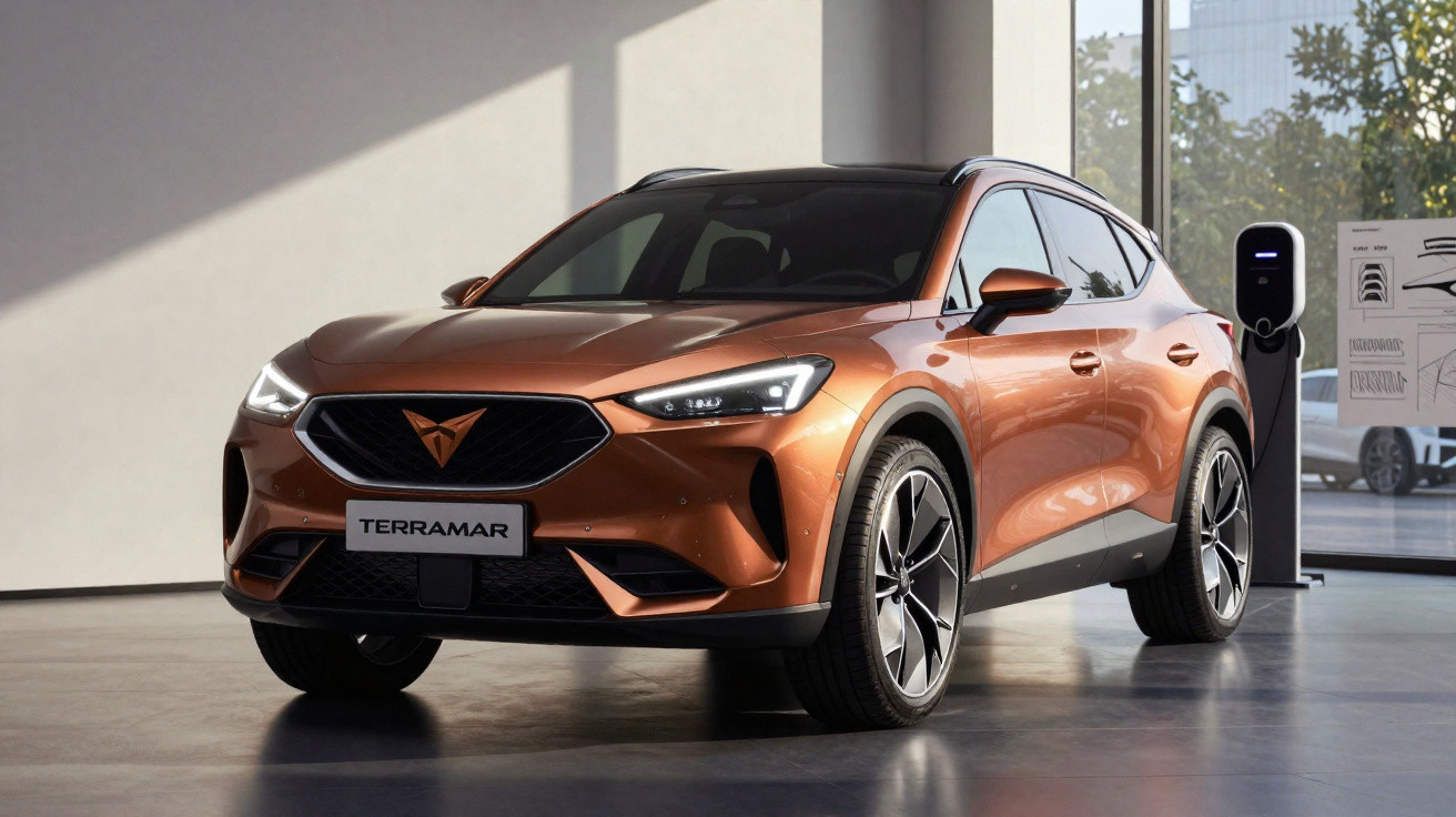 Carro elétrico SUV Cupra Terramar laranja em showroom com carregador ao fundo.