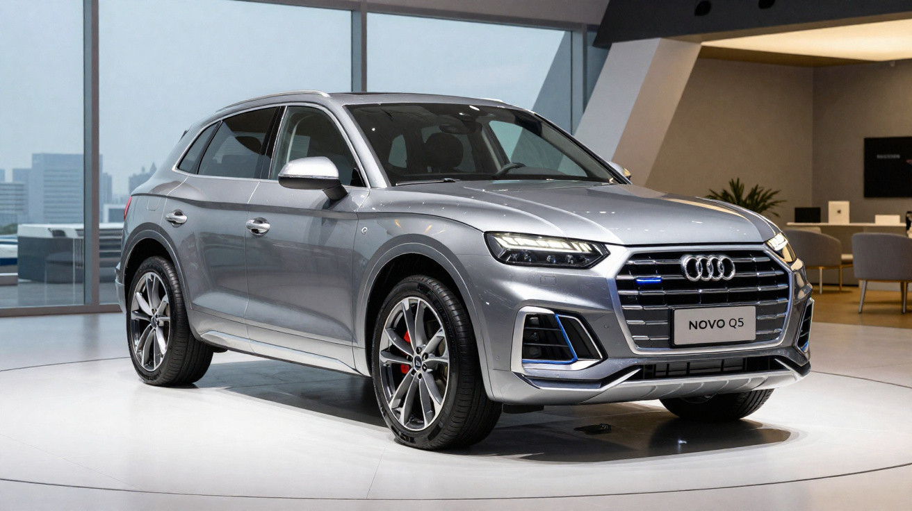 Audi Q5 prata estacionado em showroom moderno com janelas de vidro ao fundo.