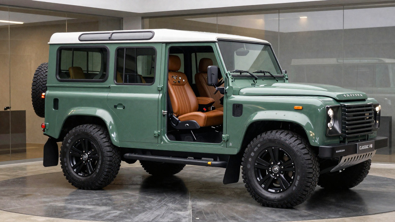 SUV Land Rover Defender verde com portas removidas e interior com bancos marrons exibido em ambiente fechado.