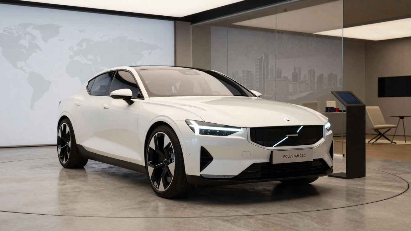 Carro elétrico branco Polestar 2 em exposição moderna com iluminação suave e fundo minimalista.