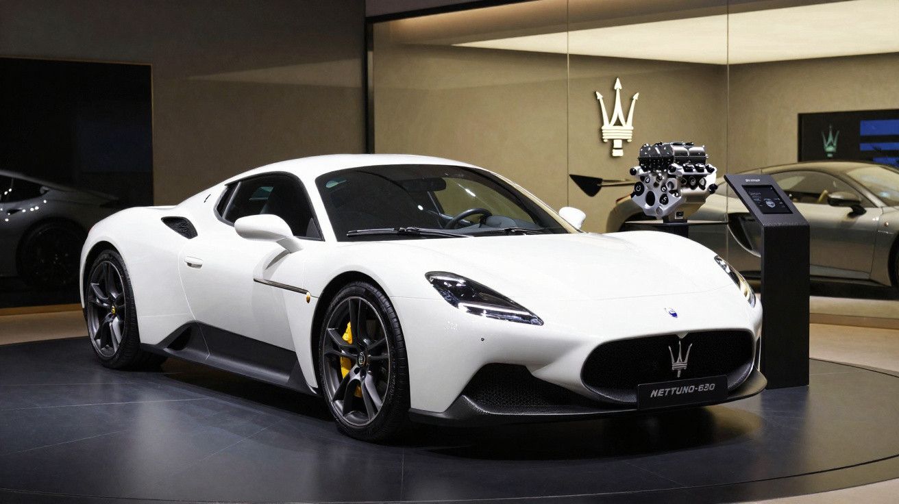 Carro esportivo branco Maserati Nettuno 820 exibido em salão com motor e logo da marca ao fundo.